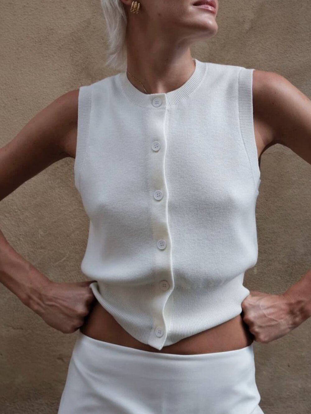 BEST HENNE Ettore Vest Knit Top Cream White Ivory Quiet Lux Classic